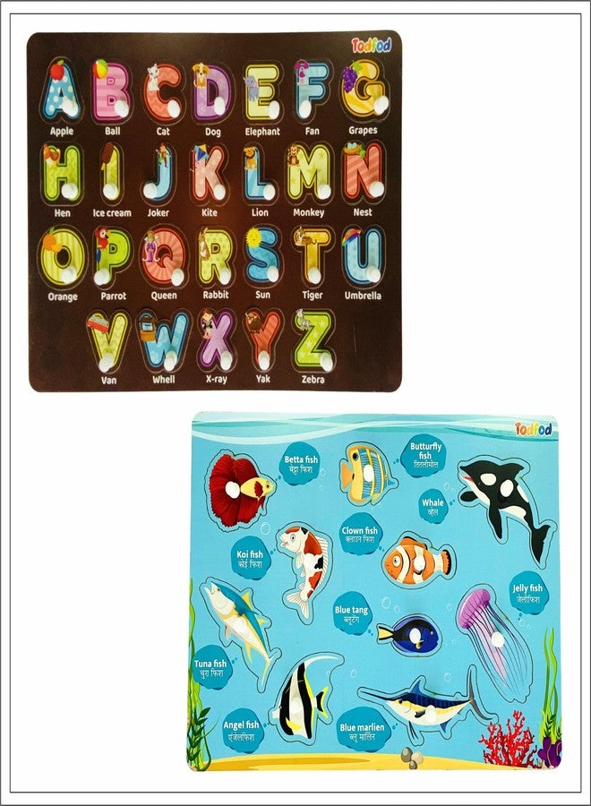 Todfod Wooden Learning Educational Board for Kids, Puzzle Toys Boys & Girls (Alphabets, Numbers & Shapes) (ABC, Numbers & Shapes) (ABCD 4 in 1 & Fish) - Image 1